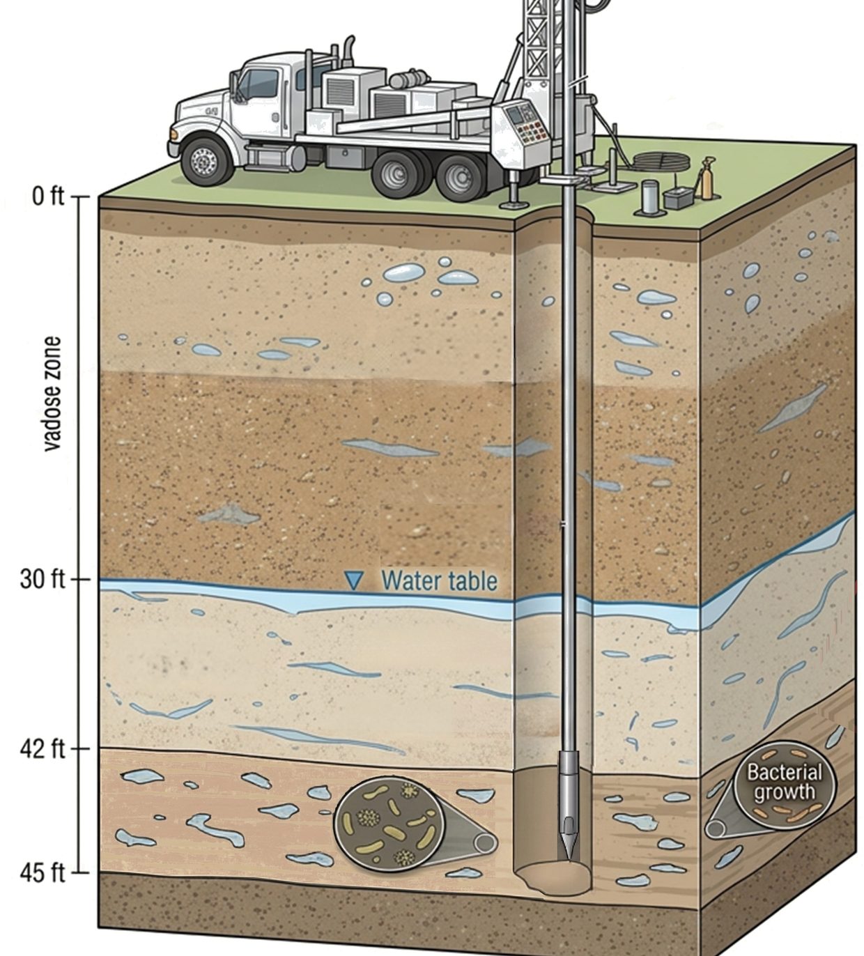 Cutaway illustration of a contaminated site. A truck-mounted direct-push rig stands on the surface and advances a probe through the vadose zone, past the water table at thirty feet, to forty-two feet. Two magnified insets show bacterial growth in the soil beside the probe at that depth.